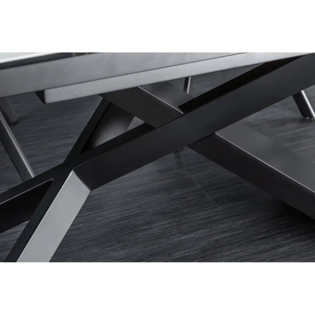 Table STELIX 180–220–260 cm – Piano in ceramica effetto marmo bianco e vetro temperato – Estendibile con gambe in metallo nero