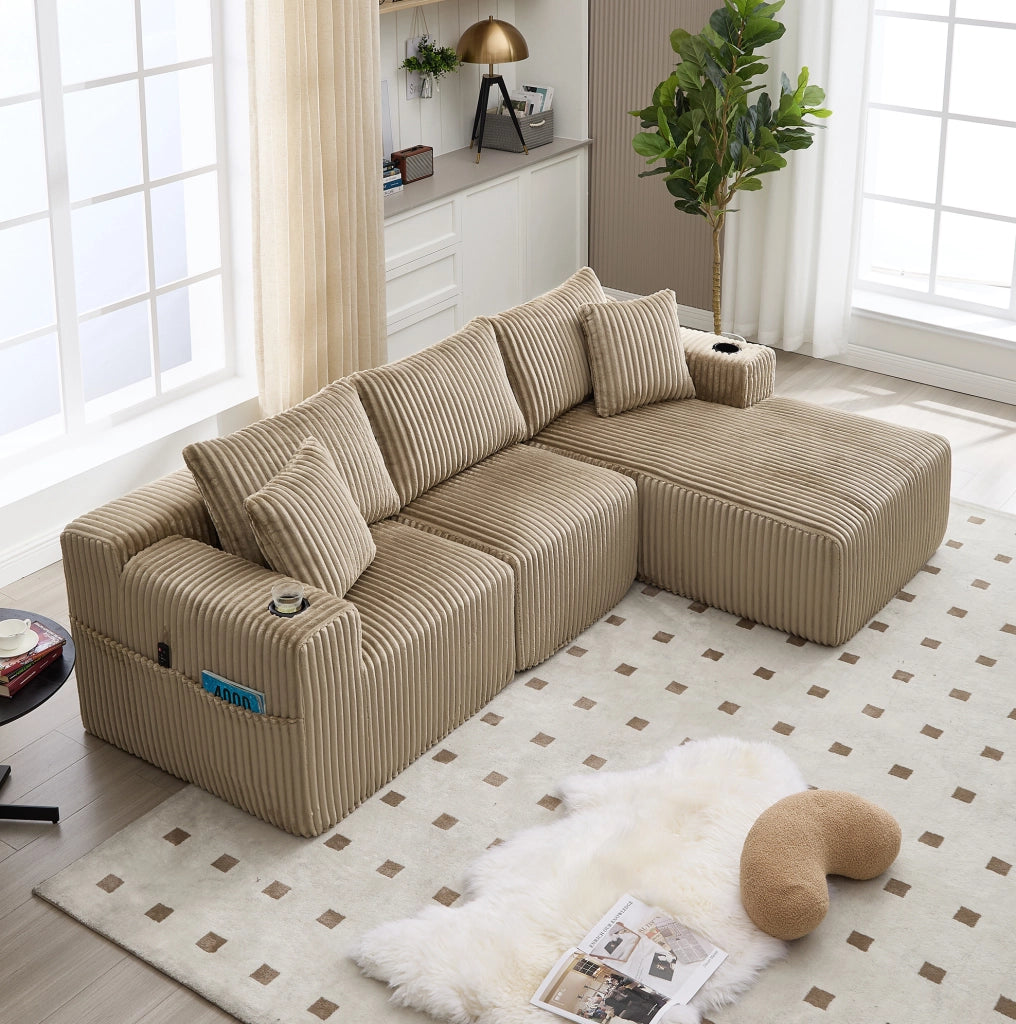 Divano modulare con chaise longue e 2 posti; 257x90-160x62 cm; in corduroy khaki
