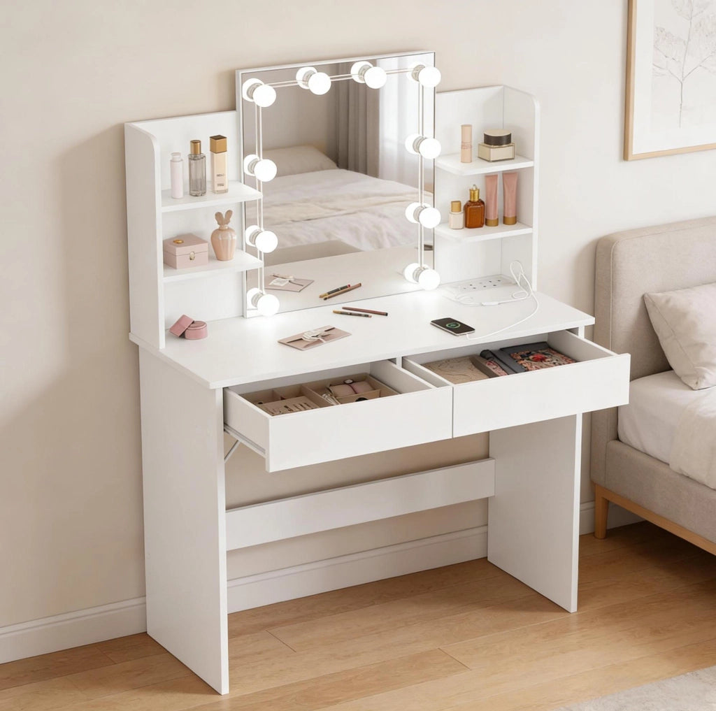 Tavolo da trucco bianco con specchio, luci e prese USB