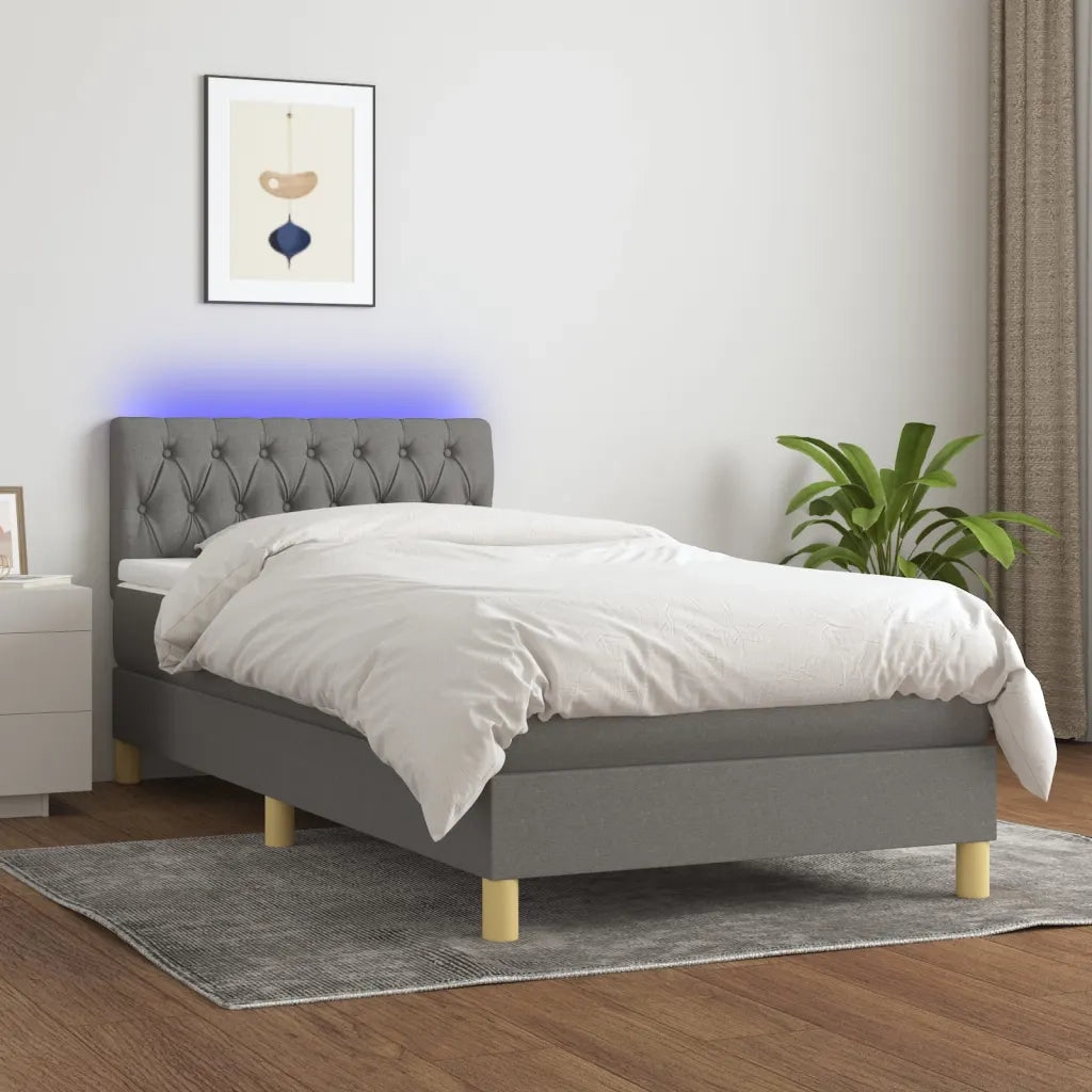 Letto singolo | Letto per adulti | Letto a Molle Materasso e LED Grigio Scuro 90x200 cm in Tessuto