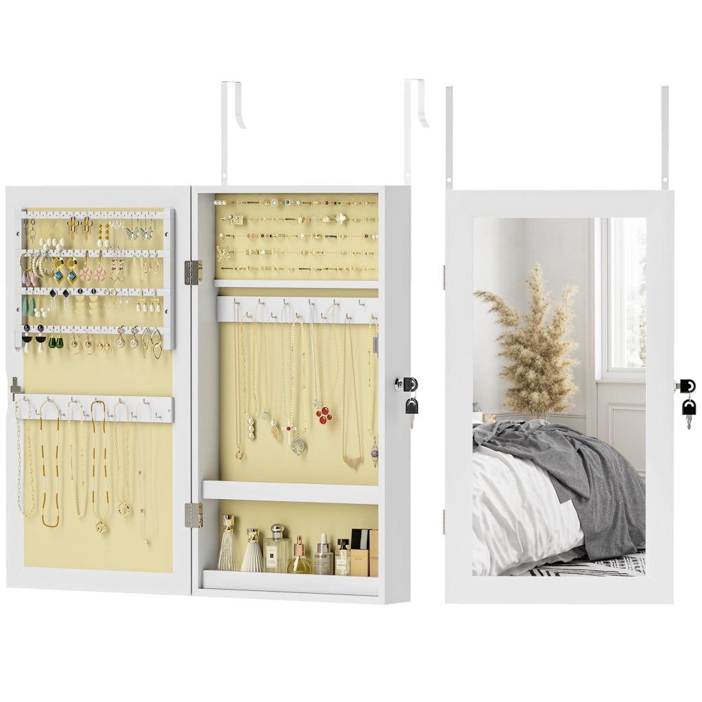Specchio Portagioie da Parete con Serratura ¨C Xylo ¨C Bianco con Fodera Crema