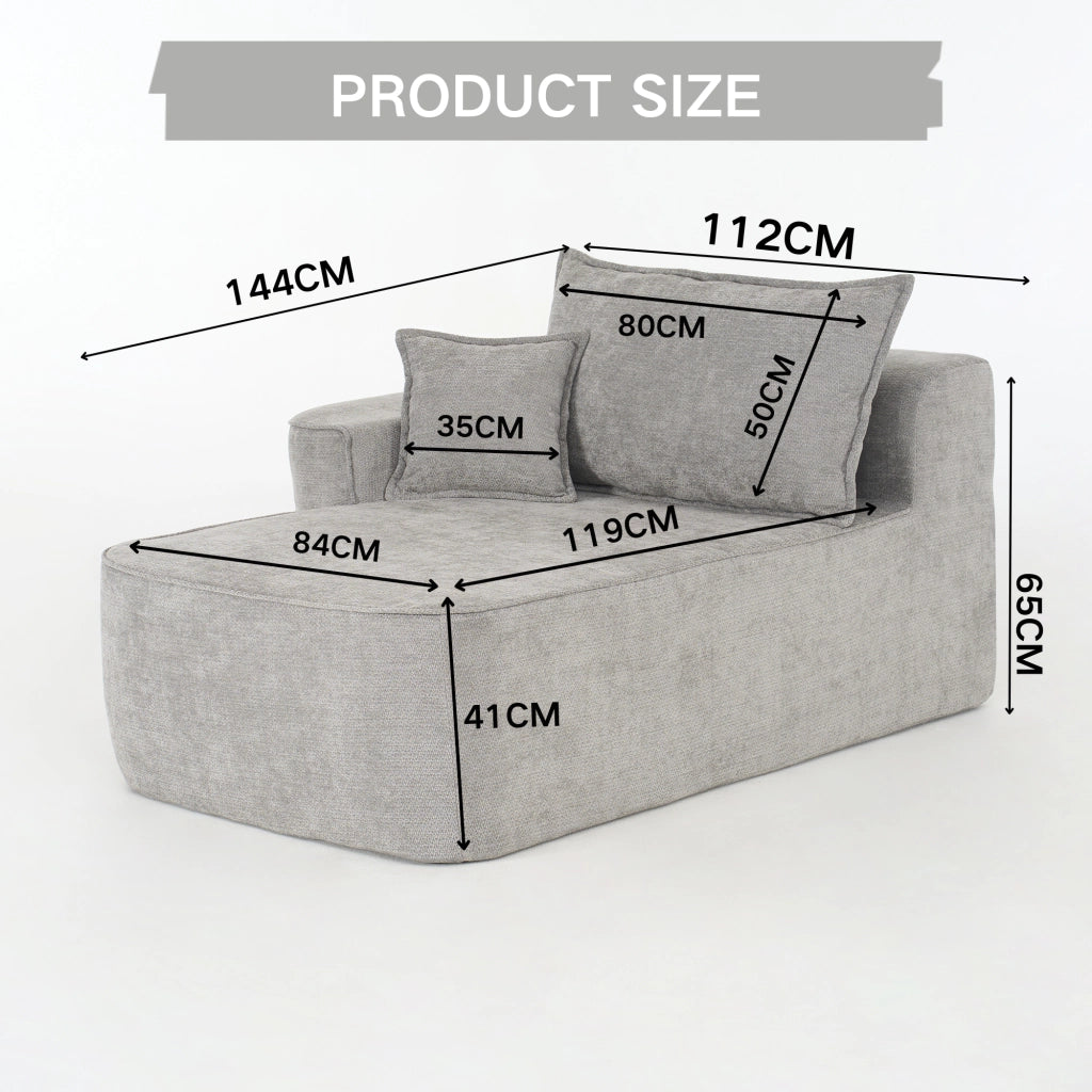 Chaise Longue 1 Posto Senza Montaggio con Cuscino e Tasche Laterali Comfort Morbido Design Moderno in Ciniglia Grigio