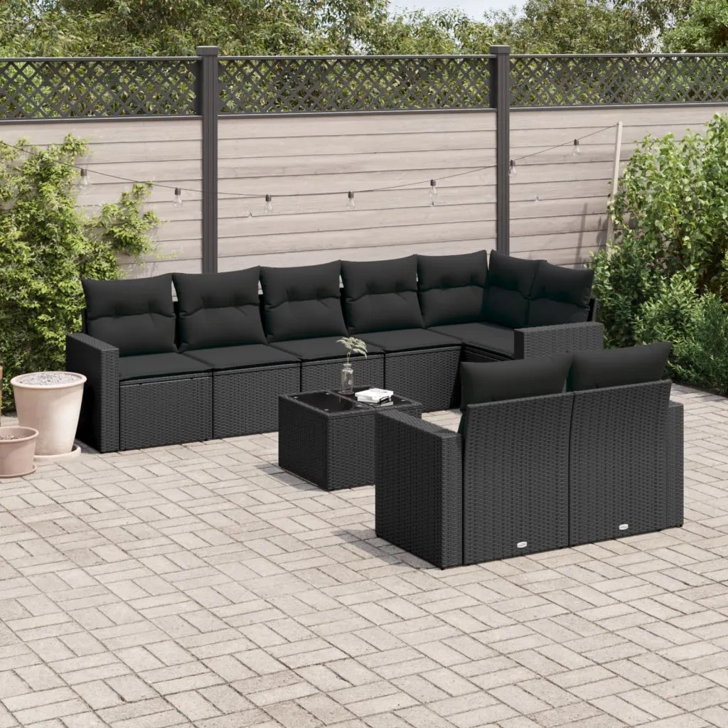 Set Divani da Giardino 9 pz con Cuscini Nero in Polyrattan 3251562