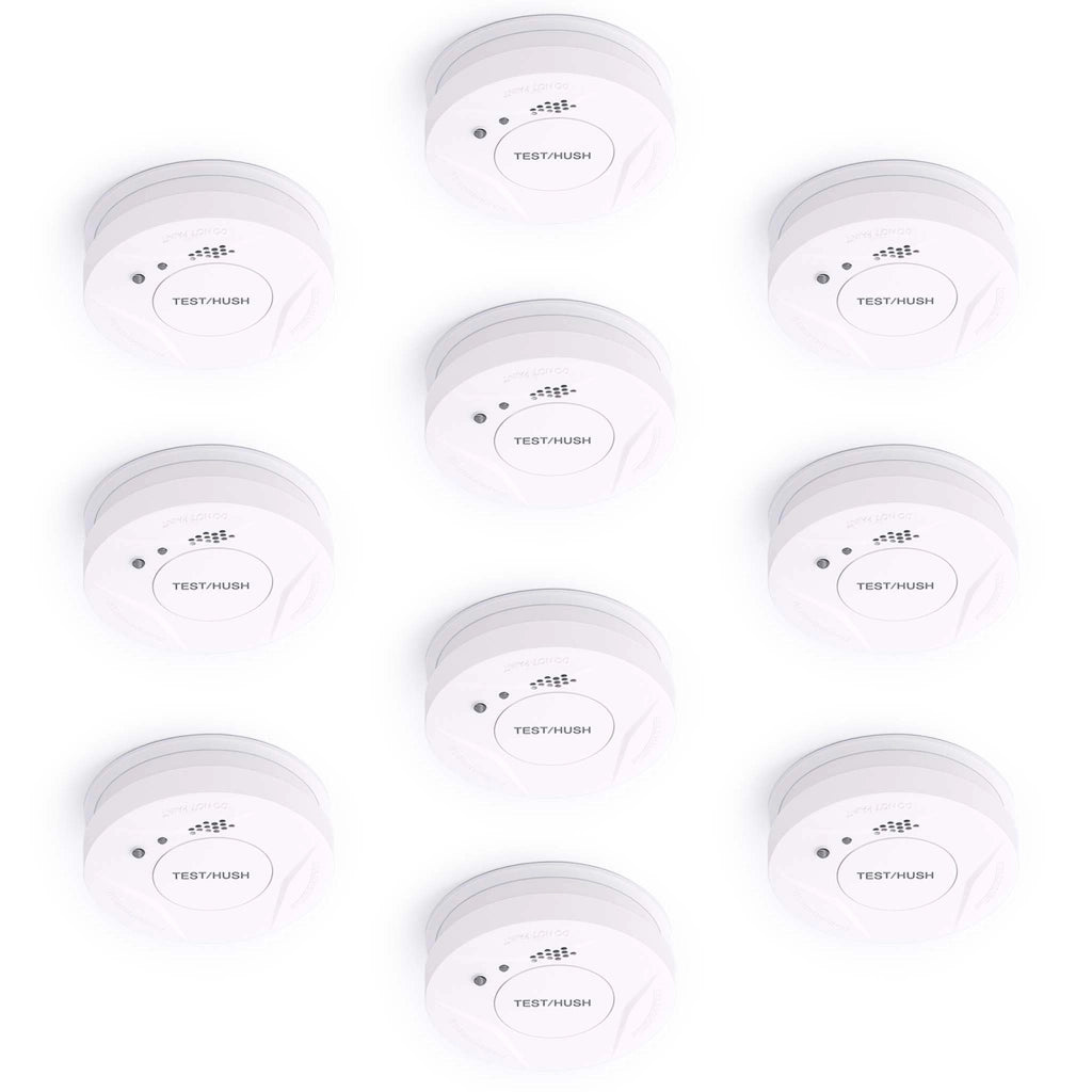 Set 10x Rilevatore di fumo con batteria fissa da 3 V, 10 anni senza manutenzione, allarme antincendio con funzione HUSH, sensore antifumo fotoelettrico affidabile con potenza sonora di 85 dB
