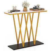 Tavolo console moderno da 100 cm con piano in marmo finto e struttura in metallo, Tavolo da ingresso Bianco + Oro-Consolle