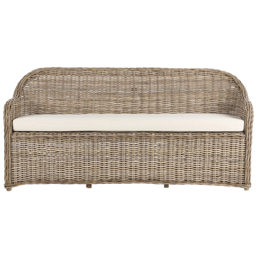 Panca a 3 posti per giardino in rattan naturale con cuscini bianchi e bianco sporco 141 cm stile boho per esterni e interni perfetto per giardino patio o balcone.