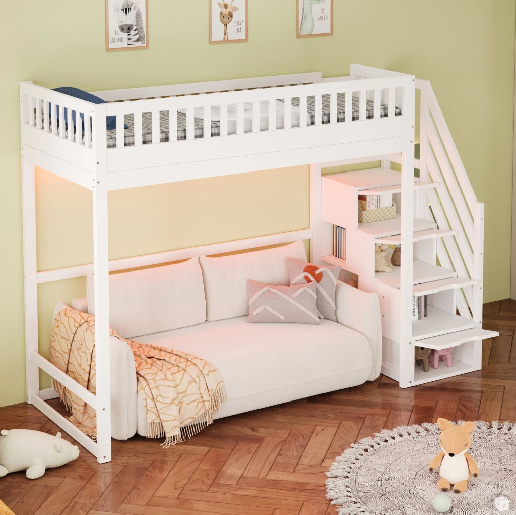 Letto a Castello in Legno di Pino 90x200 cm con Scaletta di Sicurezza e LED, Bianco