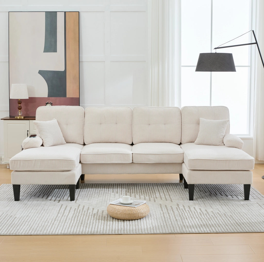 Divano a U a 4 posti con due chaise longue; tessuto in lino beige; 250x130x88 cm