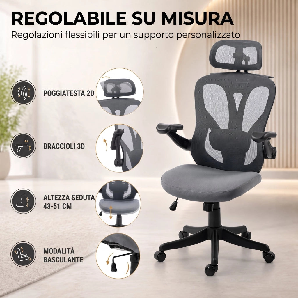 Sedia Ufficio Ergonomica, Braccioli Ribaltabili 3D, Poggiatesta 2D, Appendiabiti, in Rete, Grigio Scuro