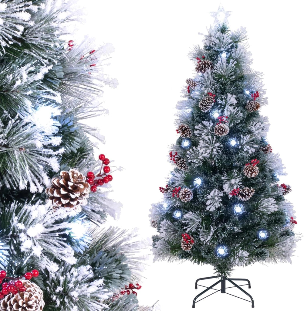 Albero di Natale Innevato 150/180 CM, con Fibra Ottica, 49/63 Luci LED, 8 Modalità di Illuminazione, 170/220 Punte di Rami, Ago di Pino, 18/24 Mazzi di Bacche Rosse e 18/24 Pigne (150 CM)