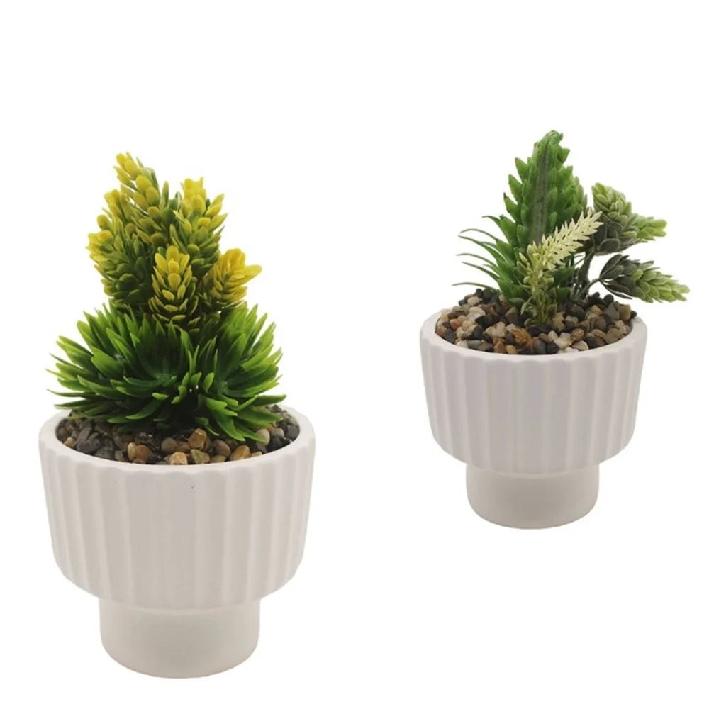 Trade Shop - Vasetto Ceramica Bianco Striato Con Piantina Artificiale Assortita 18cm Decoro Casa 164322 -