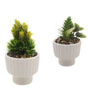 Trade Shop - Vasetto Ceramica Bianco Striato Con Piantina Artificiale Assortita 18cm Decoro Casa 164322 -