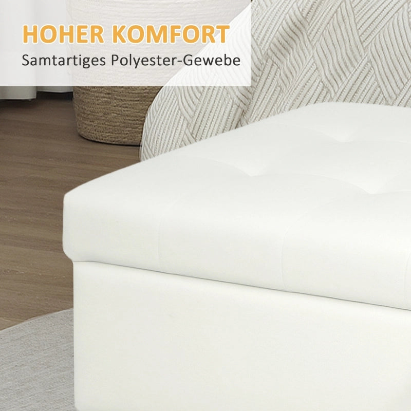 Pouf contenitore con gambe in legno massello e seduta in poliestere, spazio portaoggetti per soggiorno, bianco crema