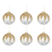 Palline di Natale in Vetro Bianco Perla Paillettes Oro Prize Diametro: 80 mm