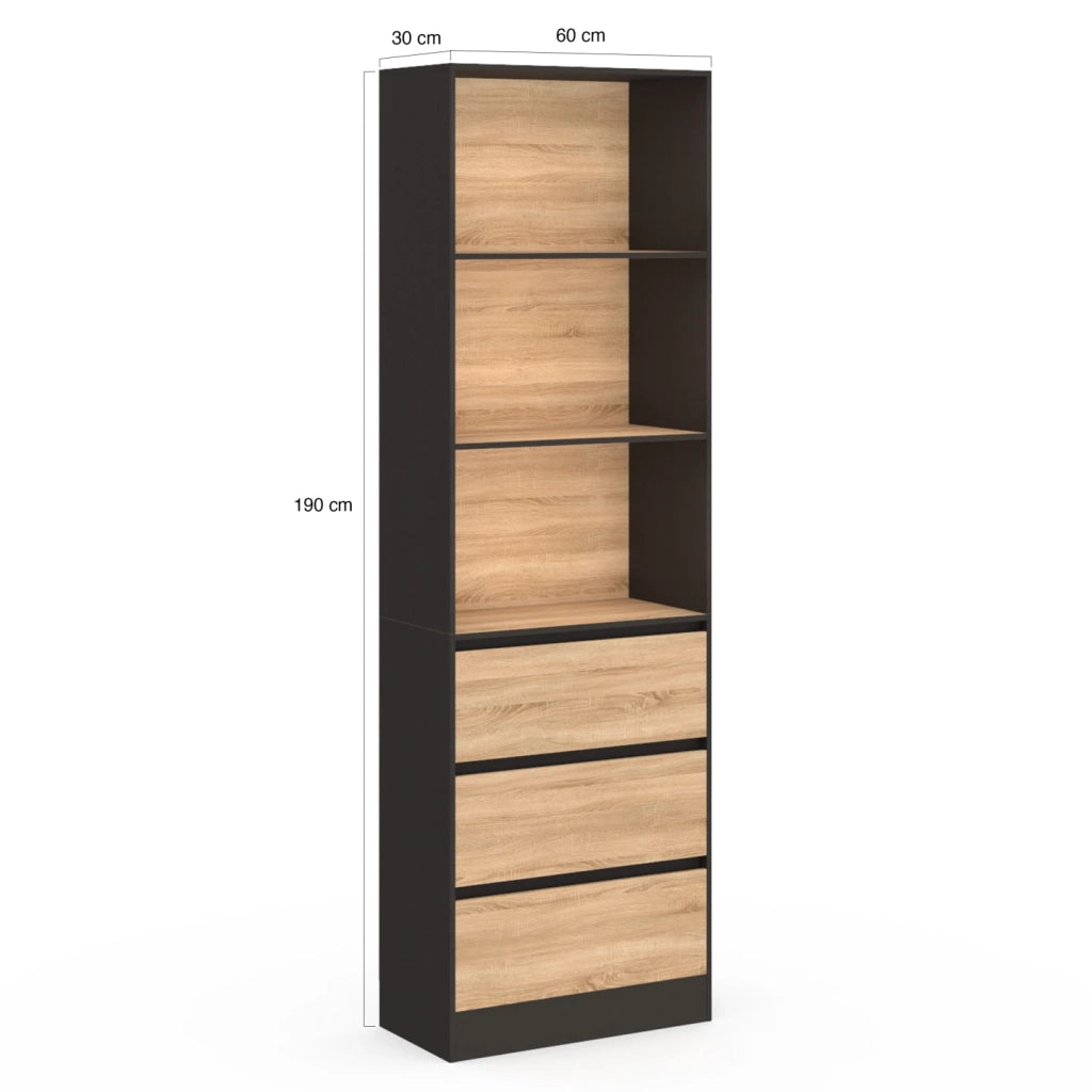 IDMarket - CARLA Libreria a 3 livelli con 3 cassetti neri ed effetto legno H.190 cm