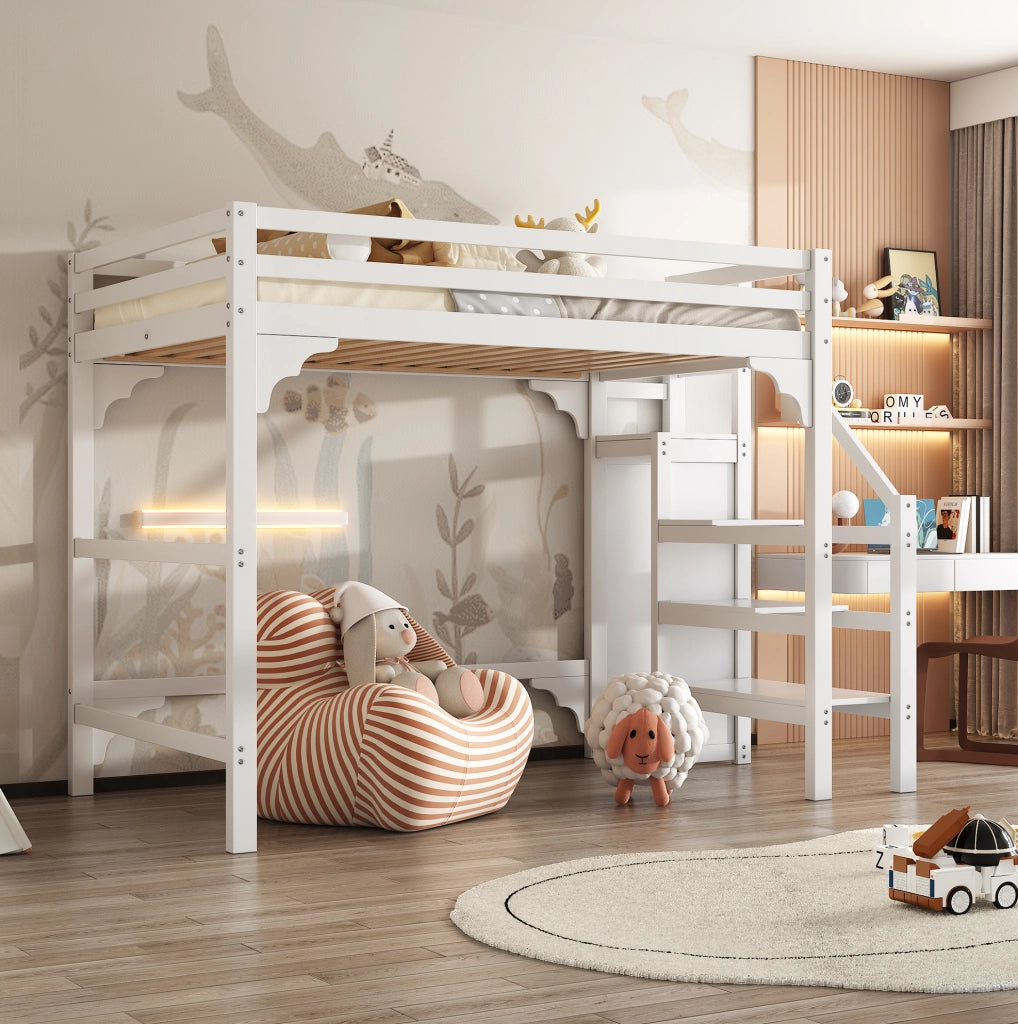 Letto a soppalco 140x200 cm con armadio e scala contenitore