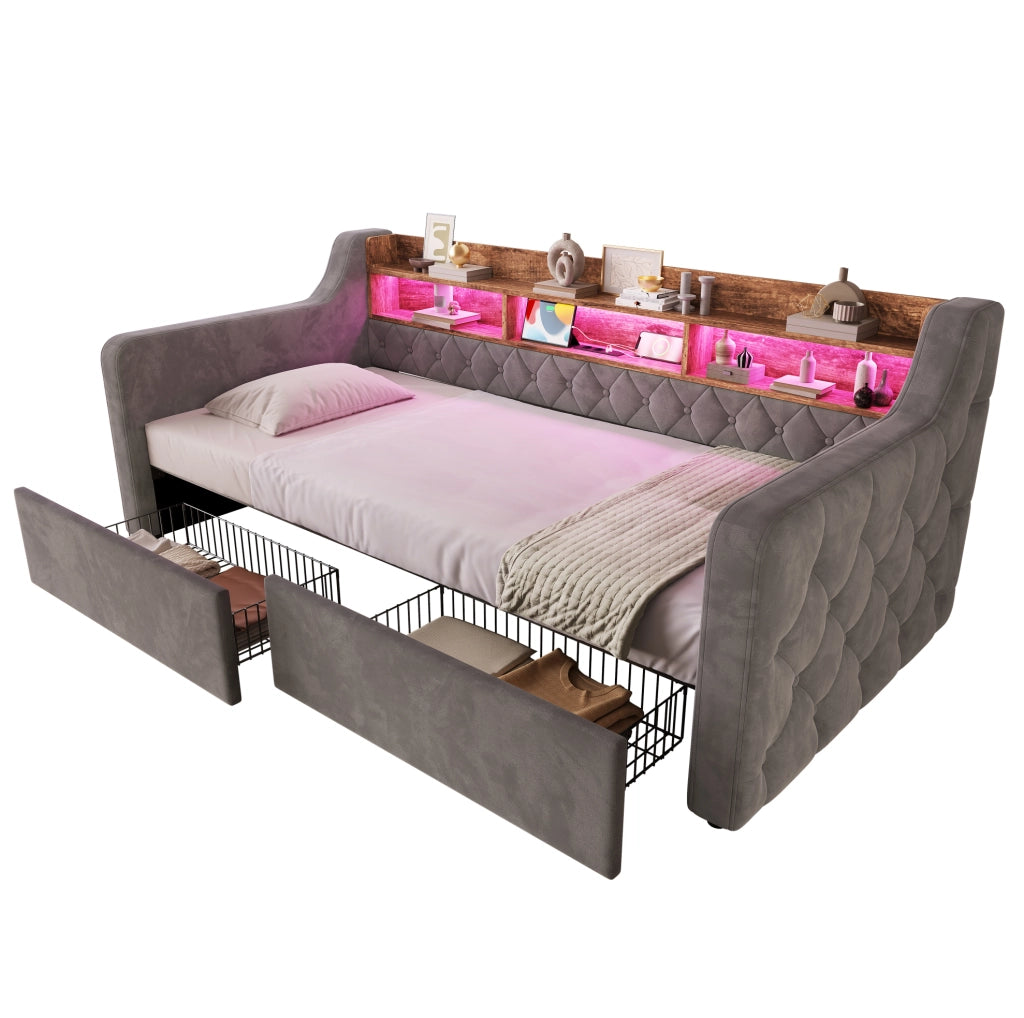 Letto imbottito 90x190 cm con LED, ricarica USB/Type-C e 2 cassetti
