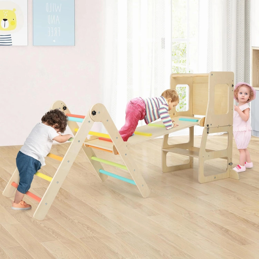 7 in 1 Set da Arrampicata per Bambini, Giocattoli da Arrampicata Pieghevole con Rampa Reversibile Sgabello Convertibile Tavolo e Sedia Lavagna, 3-14 Anni (Colorato)