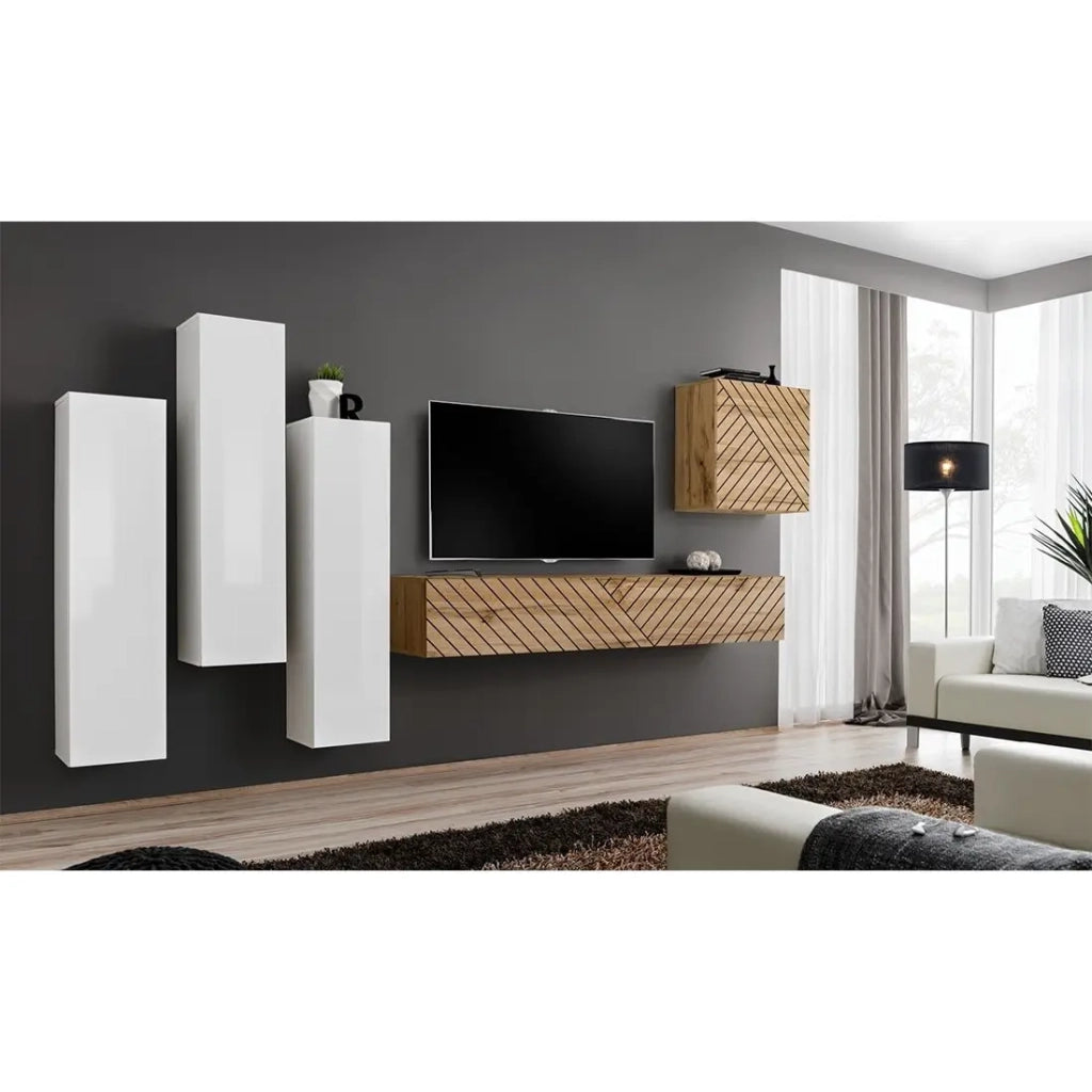 Set arredamento salotto SWITCH III design, colori rovere e bianco. Finiture effetto rovere fresato e lucido.