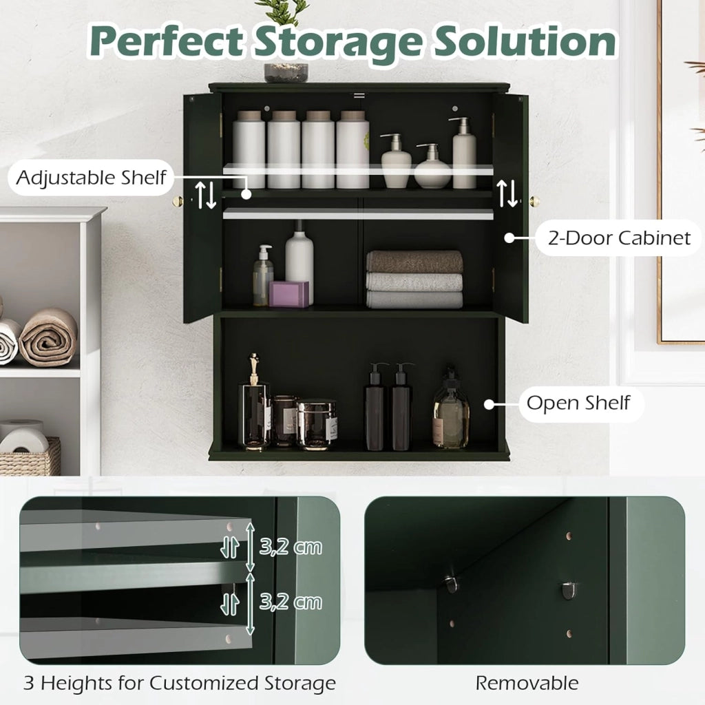 Mobile da Bagno, Armadietto a 2 Ante con Ripiano Regolabile, Armadio da Parete con Mensola Semi-aperta per Asciugamani, Prodotti per la Cura della Pelle e Articoli da Bagno (Verde)