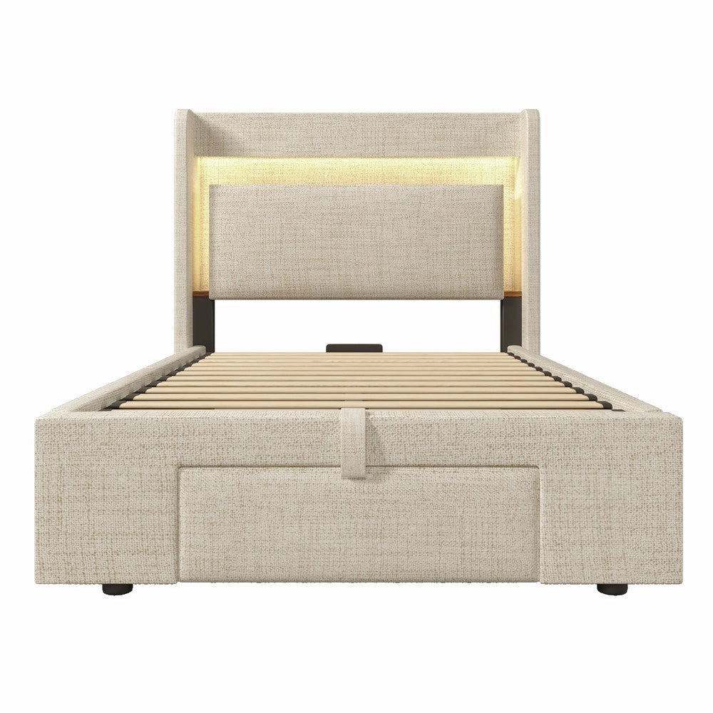 Letto Imbottito con Contenitore Idraulico, LED, USB, Testiera ¨C MINIMAL ¨C Beige, Tessuto, 90x200