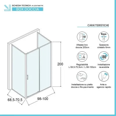Box doccia 70x100x70 cm con porta scorrevole trasparente H 200 cm Ted