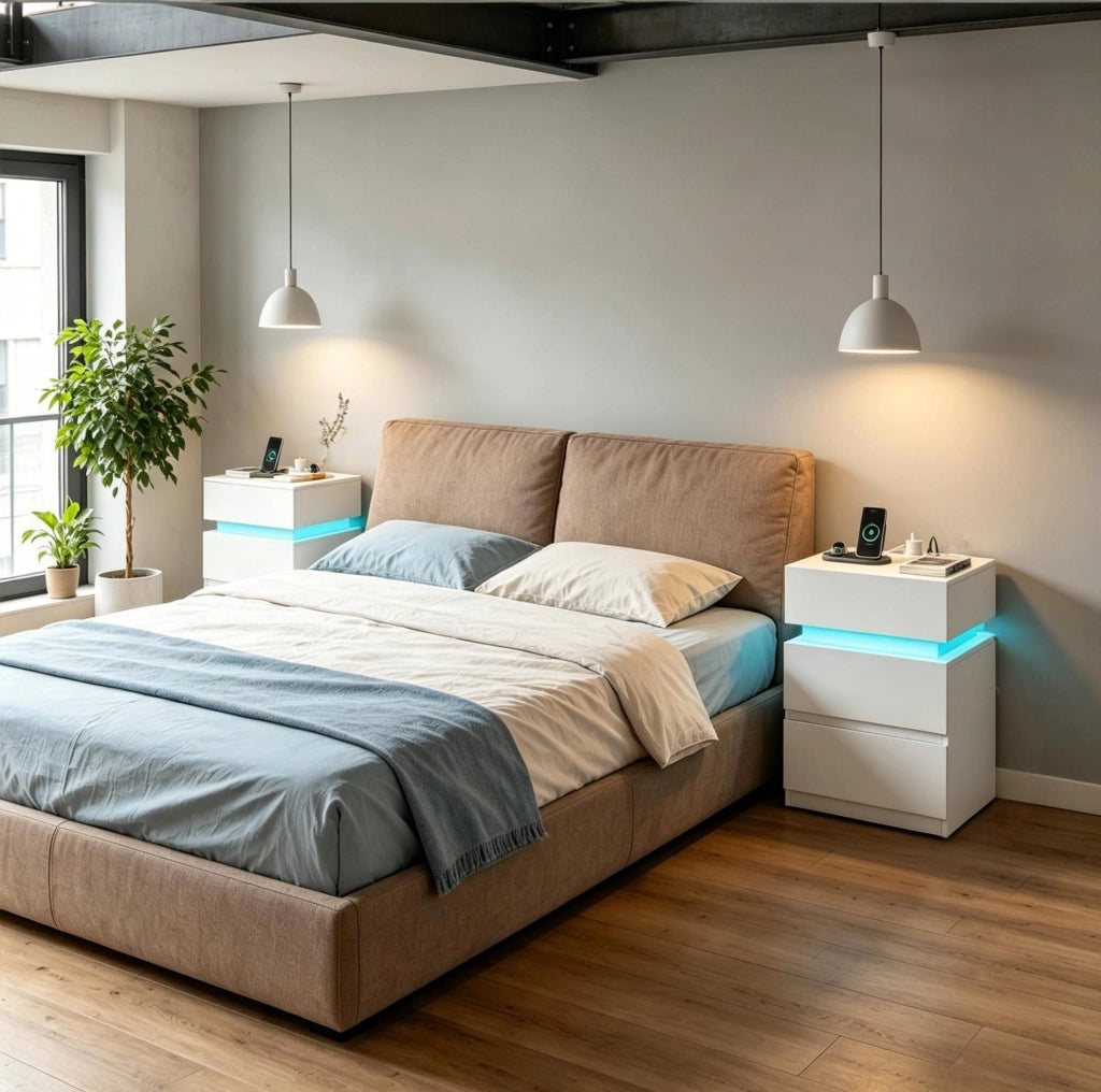 Comodino con luce a LED e prese integrate, set da 2
