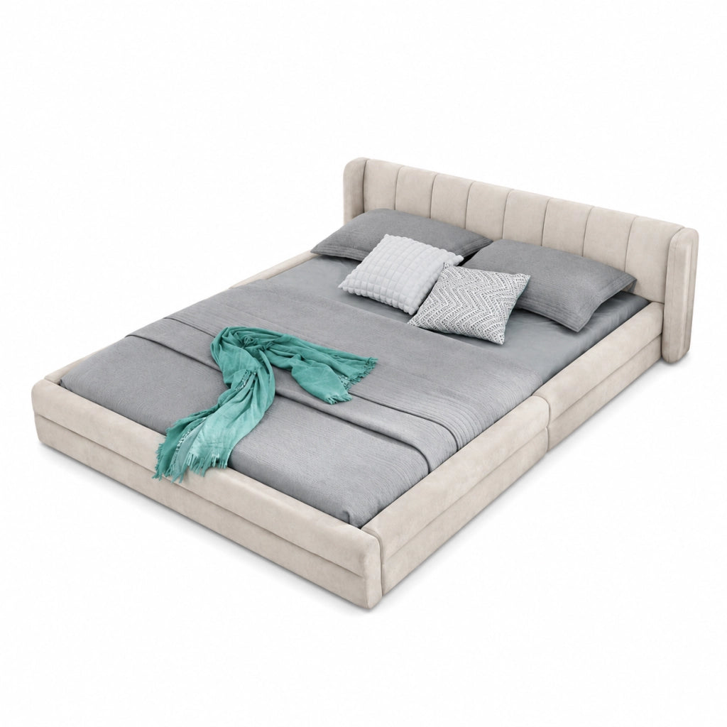 Letto 140x200 cm con testiera ergonomica e struttura robusta; beige