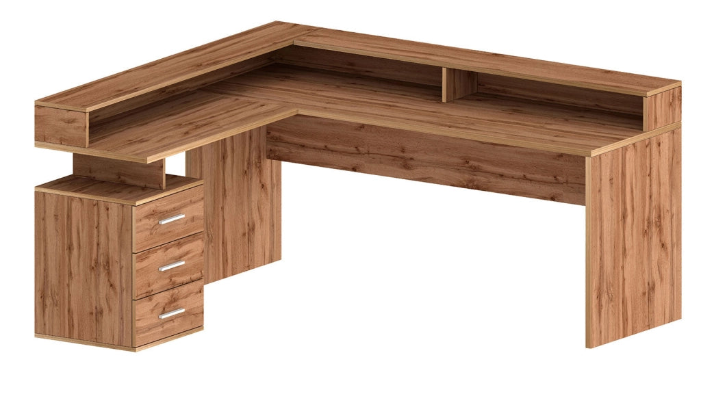 Scrivania Angolare 3 Cassetti e Ripiani a Giorno 180/160x60x90 cm New Selina Rovere Wotan
