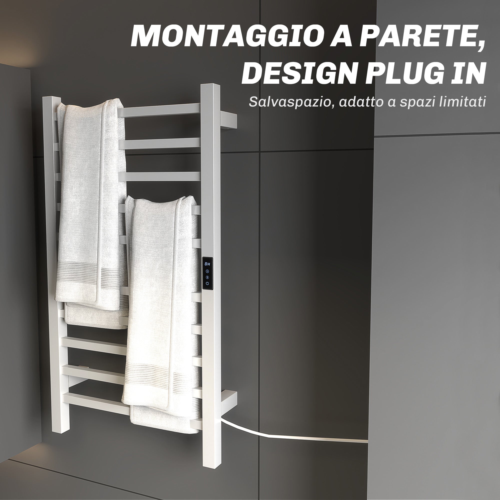 Scaldasalviette Elettrico Smart 45x11x80 cm a 10 Barre con Timer e Display LCD in Acciaio Inox Bianco