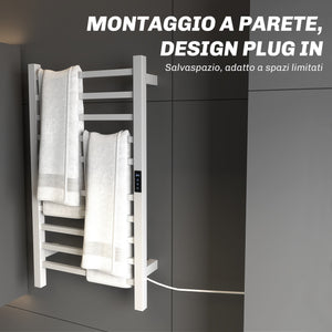 Scaldasalviette Elettrico Smart 45x11x80 cm a 10 Barre con Timer e Display LCD in Acciaio Inox Bianco
