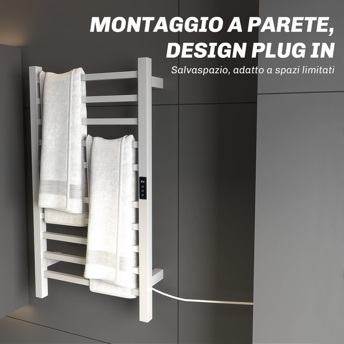 Scaldasalviette Elettrico Smart 45x11x80 cm a 10 Barre con Timer e Display LCD in Acciaio Inox Bianco