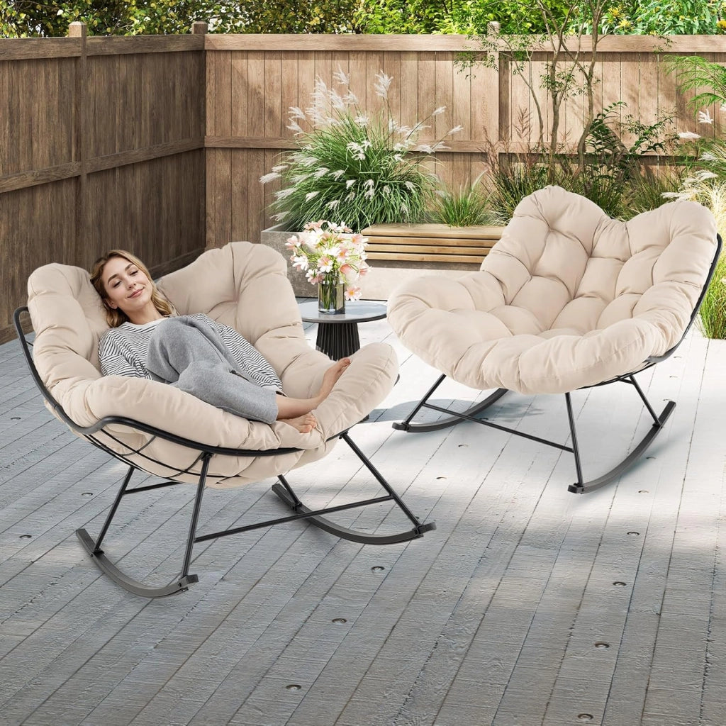 Sedia a Dondolo, Poltrona Relax Ergonomica, Poltrona Sovradimensionato con Cuscino Imbottito, Sedia a Uovo con Struttura Metallica, per Soggiorno Portico Giardino, Portata 205 kg (Beige)