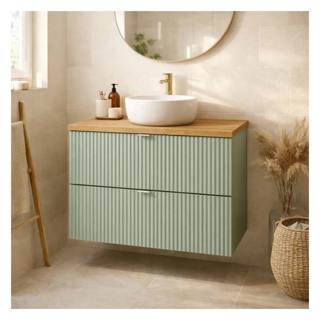 Insieme ELVINA 80cm: mobile sottolavabo con cassetti in verde salvia grigio + piano per lavabo effetto legno scuro