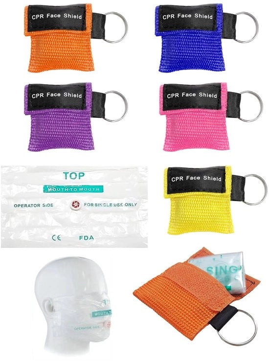 Kit di mascheramento facciale per rianimazione - Set da 5 - Valvola di ritorno - Chiave appesa - Corsi di primo soccorso - Ventilazione igienica - Mascherino per rianimazione