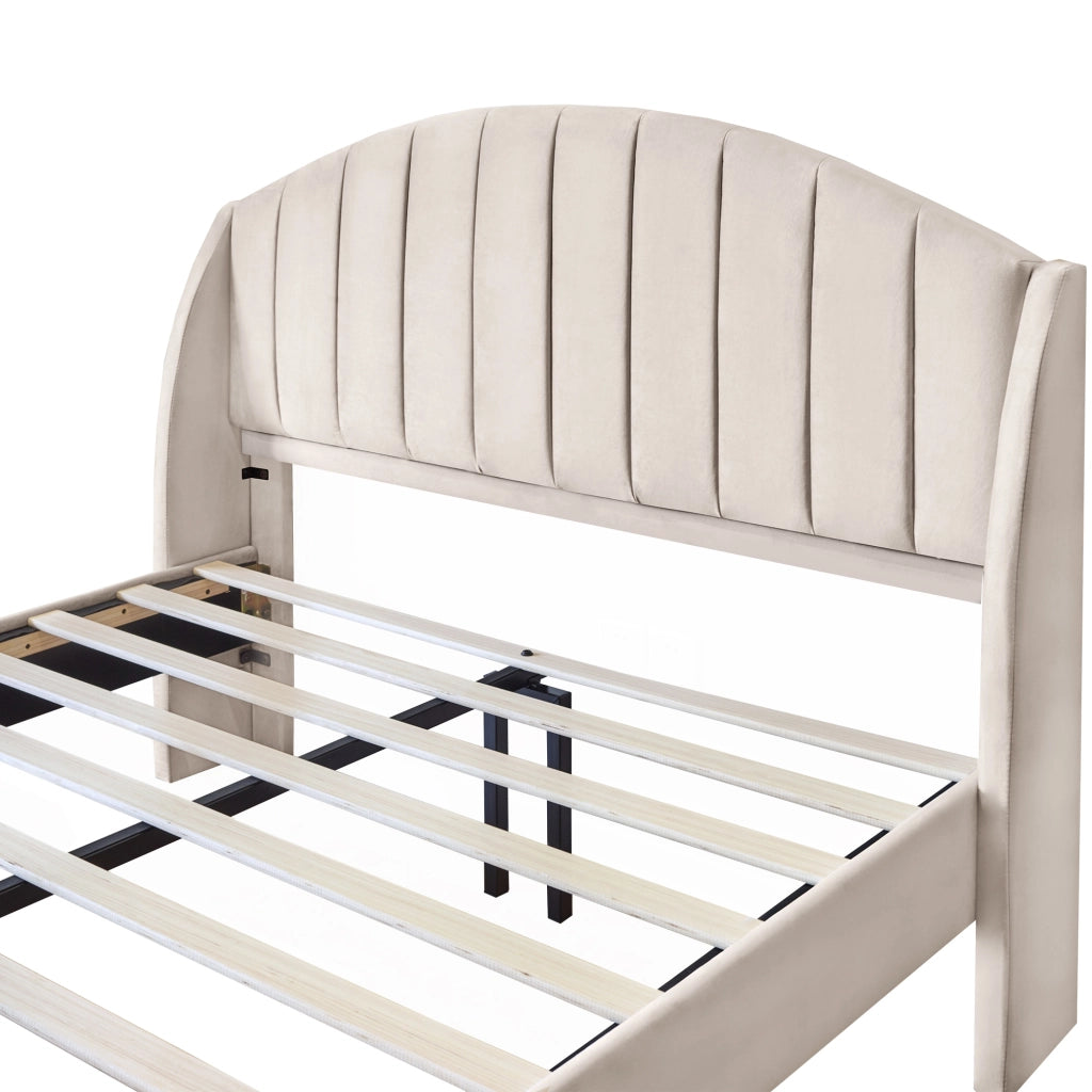 Letto matrimoniale 160x200 - Xylo - Velluto beige, struttura in legno
