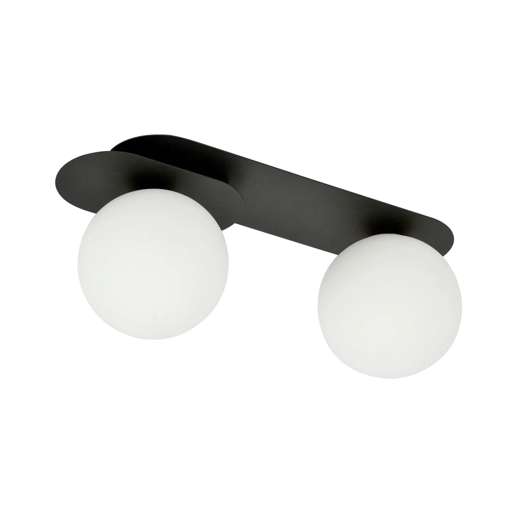 Plafoniera Minimal 2 Luci Teia In Acciaio Nero E Sfere Vetro Opale