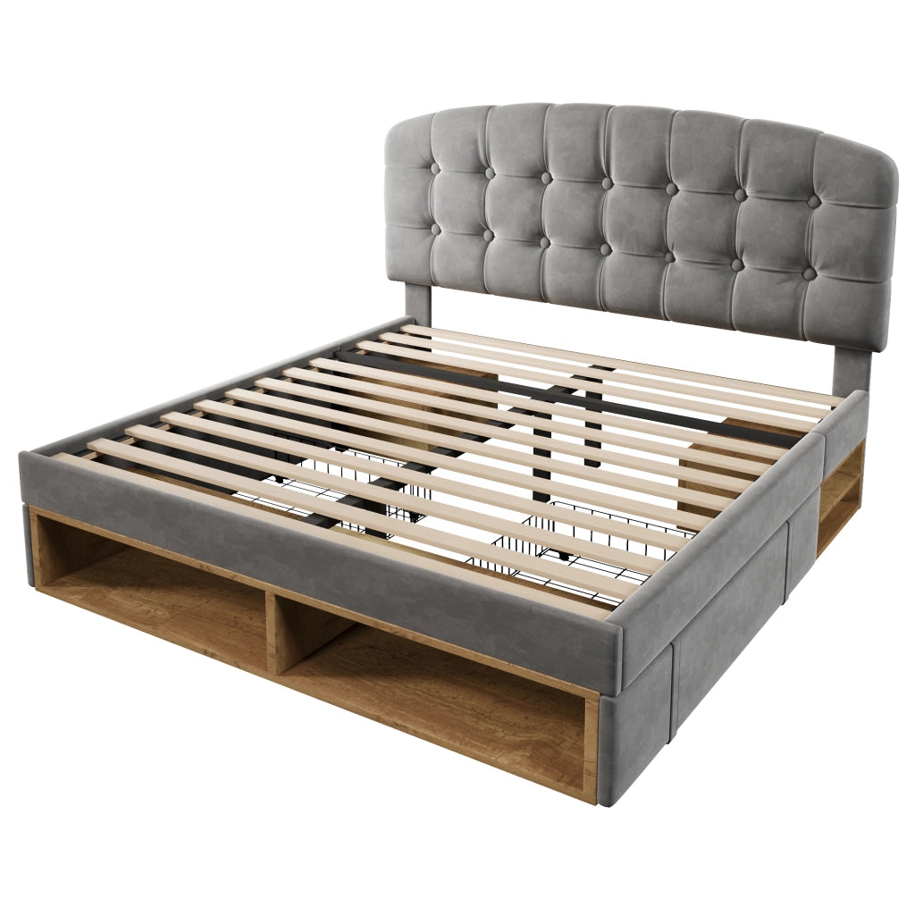 Letto matrimoniale 140x190 cm, rivestimento in velluto, testiera regolabile, 2 cassetti, grigio