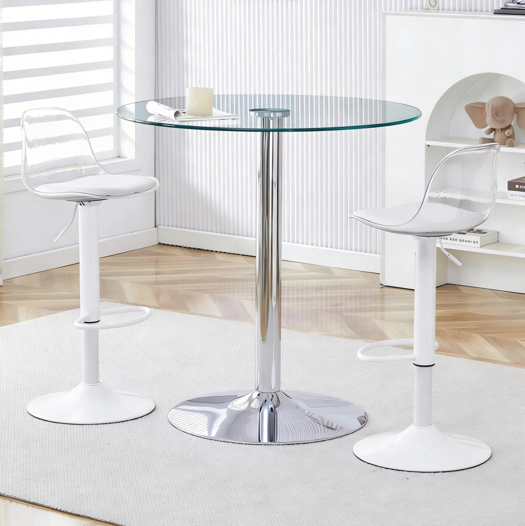Set tavolo bar 89 cm in vetro trasparente e metallo, 2 sgabelli, per 2
