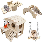 Giocattoli per Hamster in Legno - Casa per Hamster - Ponte/Scivolo - Area di Gioco per Roditori - Naturale e Impermeabile - 4 Pezzi - Giocattoli per Roditori