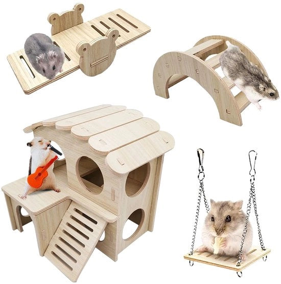 Giocattoli per Hamster in Legno - Casa per Hamster - Ponte/Scivolo - Area di Gioco per Roditori - Naturale e Impermeabile - 4 Pezzi - Giocattoli per Roditori
