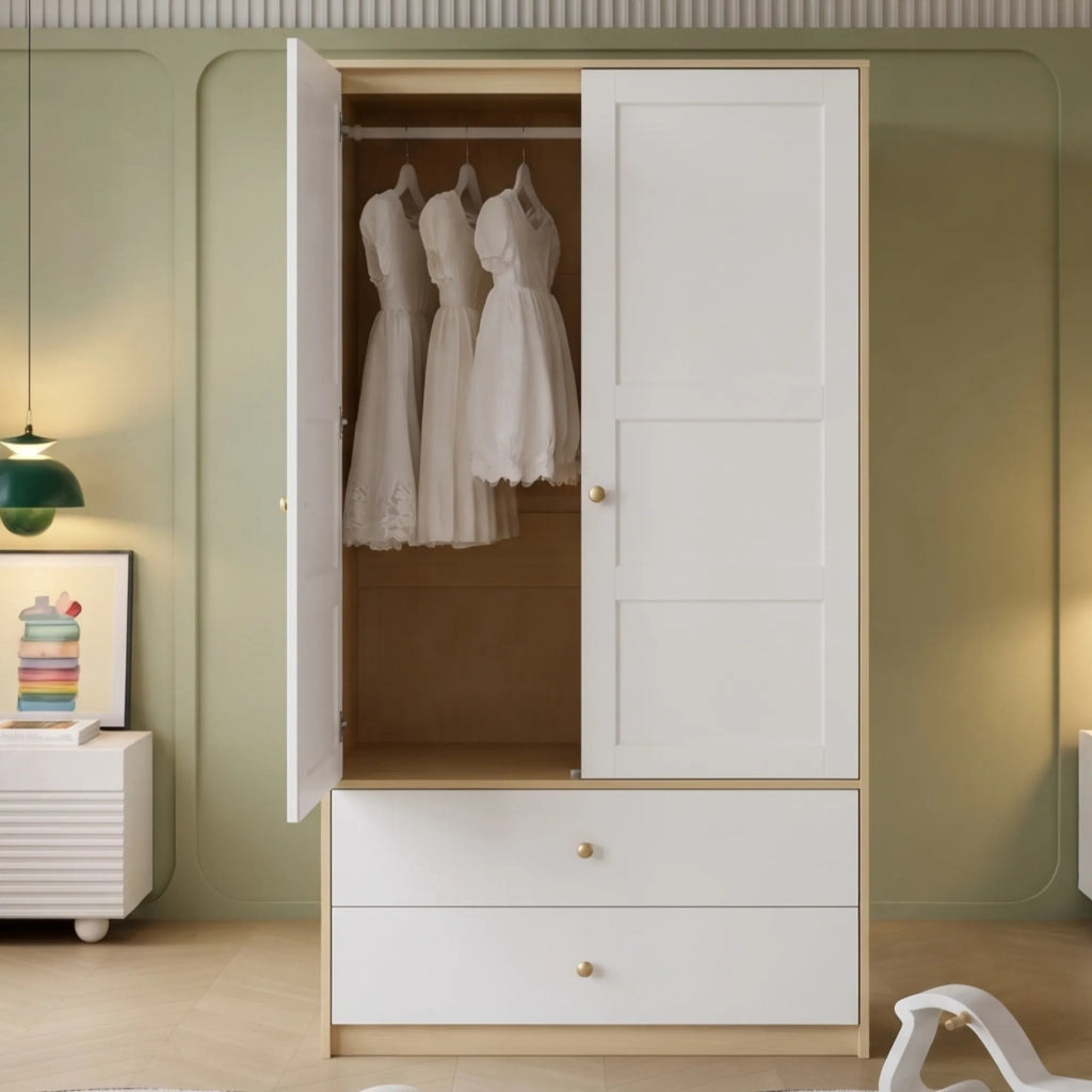 Armadio 2 ante con 2 cassetti e appendiabiti, 100x48x180 cm, bianco e effetto legno