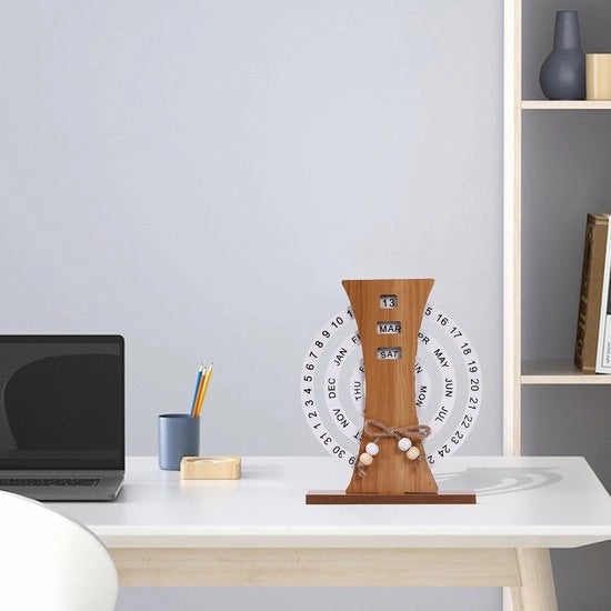 Kalendario di Ufficio in Legno - Calendario Rotante - Home Ufficio - Manuale a Rotazione - 21x21cm - Colore Legno