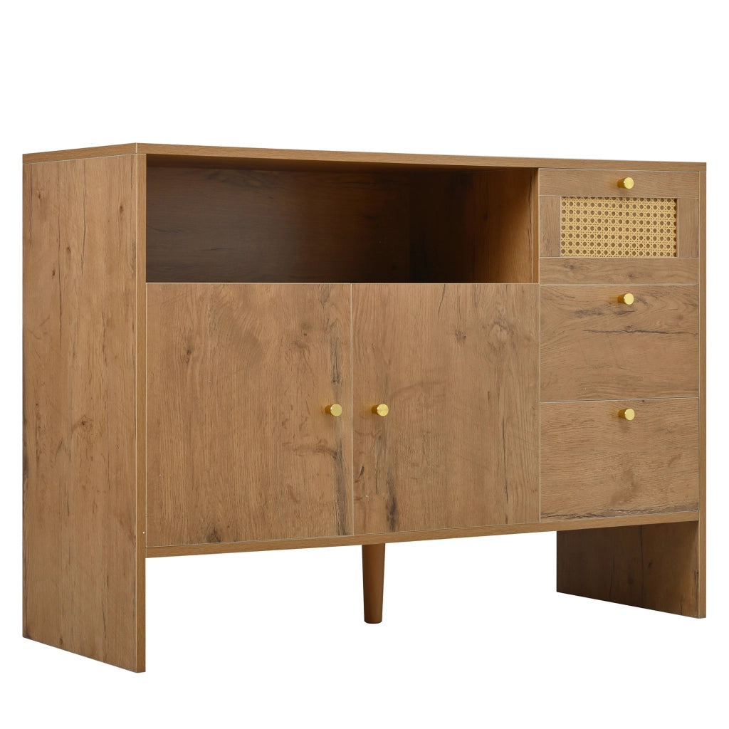 Credenza, 3 cassetti, decorazioni in vimini, finitura effetto legno, 105 x 40 x 76 cm, color legno naturale