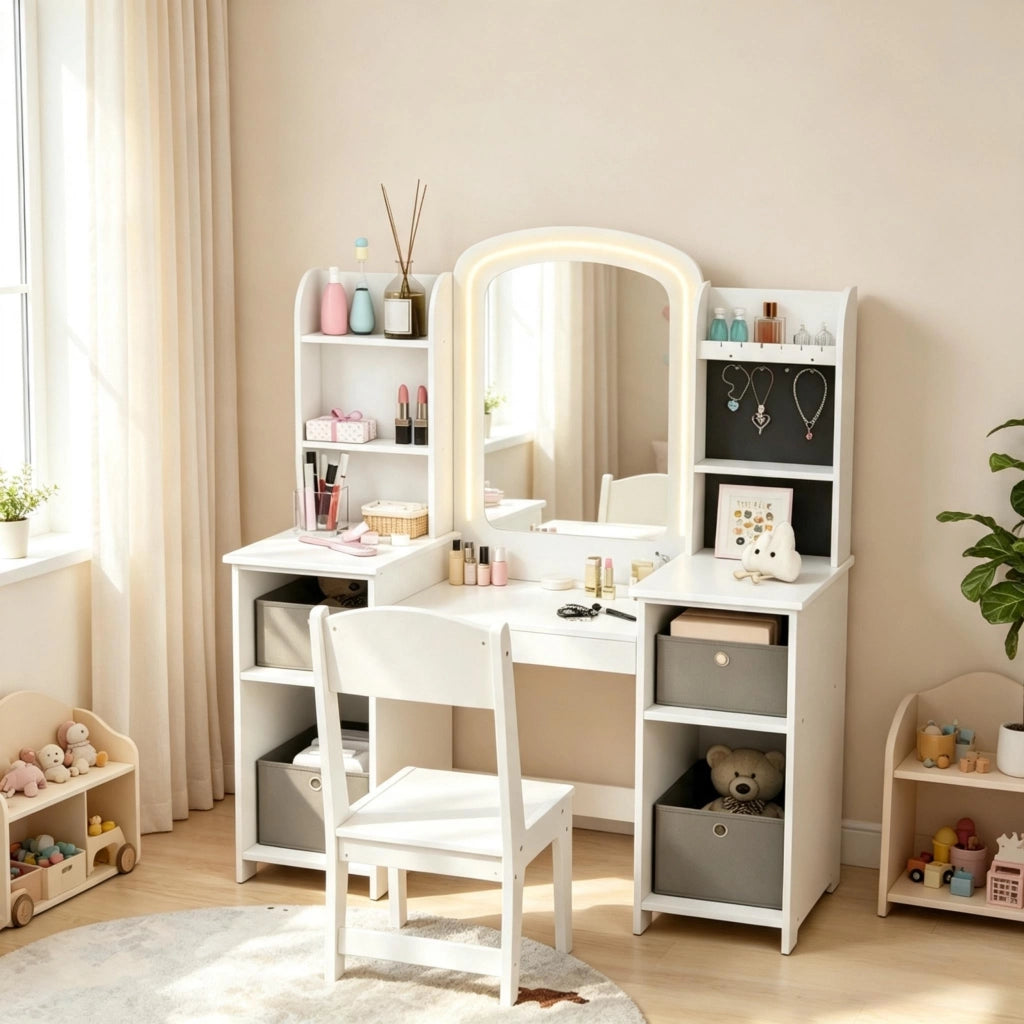 Tavolo da toeletta per bambini 3–8 anni con sgabello e specchio LED