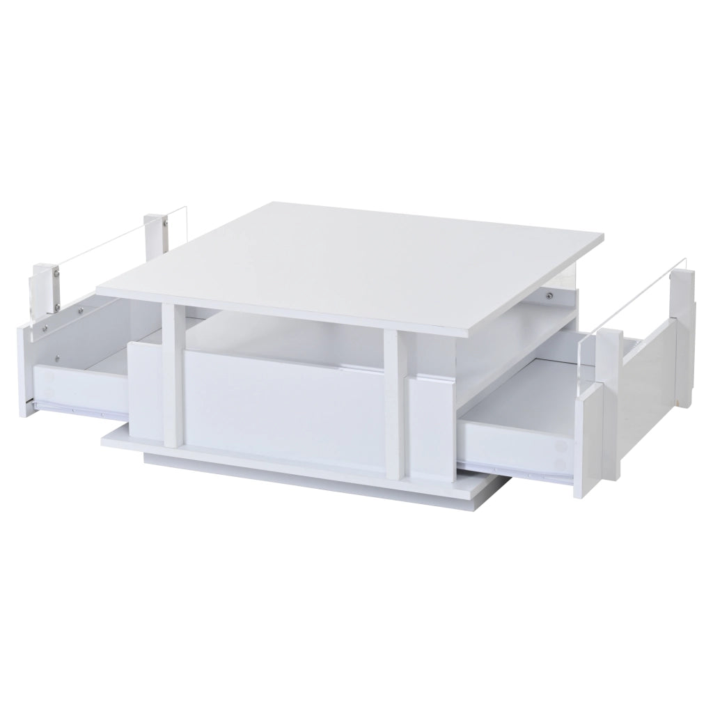 Tavolino da Salotto Bianco Lucido Quadrato 70x70 cm con Luci LED e 2 Cassetti
