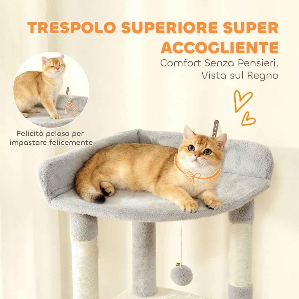 Albero Tiragraffi per Gatti con Casette, Amaca e Tunnel ¨C Zephmum ¨C Grigio 60x40x170 cm