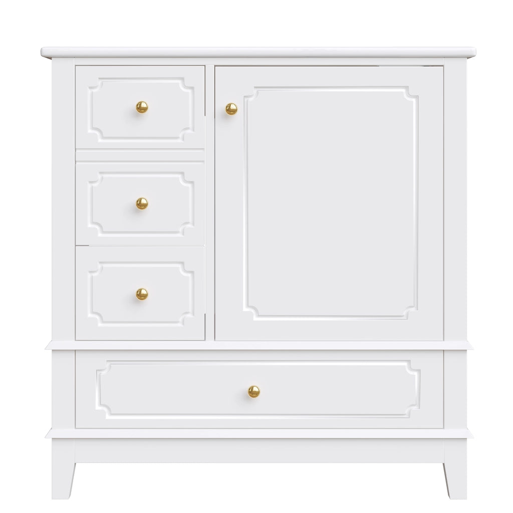Mobile bagno sottolavabo 76,5 cm con lavabo in ceramica, 2 cassetti, anta e maniglie oro, bianco