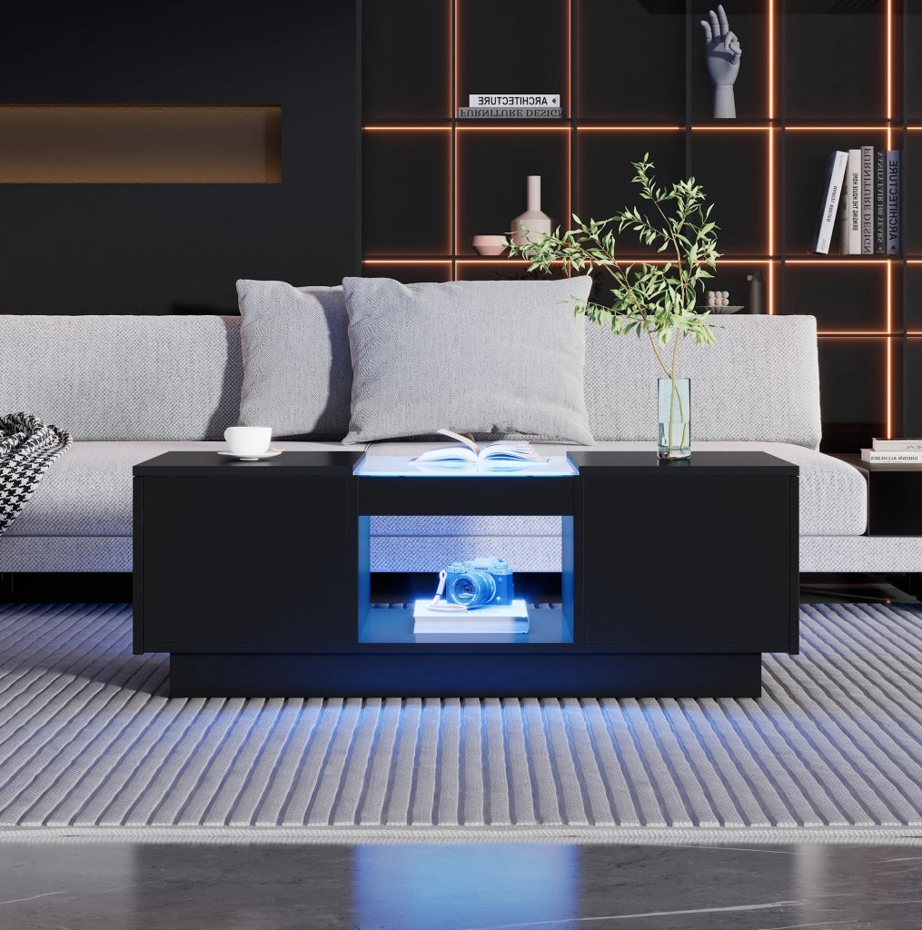 Tavolino da caffè con LED e controllo APP 100 x 50 x 35;5 cm; nero; in truciolare e vetro