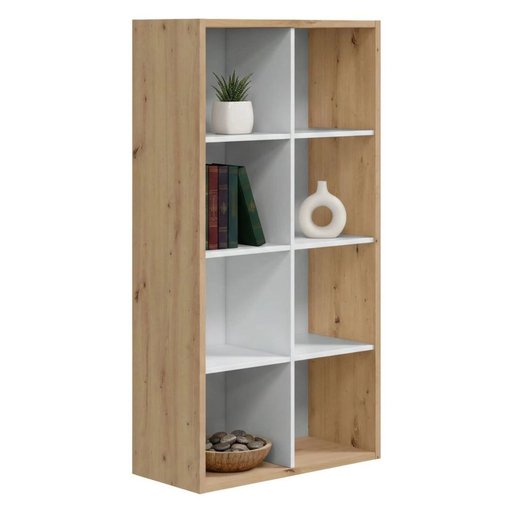 Libreria Alliers, Mobile portalibri reversibile con 8 scomparti, Mobile Porta tv multiposizione, cm 72x33h137, Rovere effetto nodi e Bianco